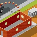 Στην εικόνα απεικονίζεται ένα φορτηγό με τούβλα και ένα ημιτελές κτίριο από κόκκινα τούβλα σε έναν δρόμο