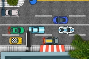 Δρόμος από ψηλά με χρωματιστά αυτοκίνητα σταθμευμένα και κινούμενα, δέντρα και πεζοδρόμιο με τέντα