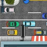 Δρόμος από ψηλά με χρωματιστά αυτοκίνητα σταθμευμένα και κινούμενα, δέντρα και πεζοδρόμιο με τέντα