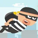 Ένας κινούμενος χαρακτήρας ντυμένος σαν ληστής πετάει με ένα σακίδιο γεμάτο χρυσά νομίσματα σε μια πόλη