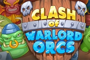 Ξύλινη ασπίδα με τη φράση Clash of Warlord Orcs και χαρακτήρες ορκ και δαίμονες στο παρασκήνιο
