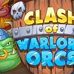 Ξύλινη ασπίδα με τη φράση Clash of Warlord Orcs και χαρακτήρες ορκ και δαίμονες στο παρασκήνιο