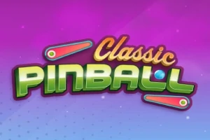Χρωματιστός τίτλος Classic Pinball με φλιπεράκια και μια μπίλια σε φόντο με μοβ και μπλε αποχρώσεις