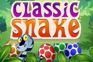 Γράμματα με την επιγραφή classic snake με φόντο ένα χαμογελαστό φίδι και χρωματιστά αυγά ανάμεσα σε φύλλα ζούγκλας