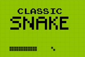 Πράσινη οθόνη με μαύρα pixel που γράφει CLASSIC SNAKE και απεικονίζει ένα ψηφιακό φίδι