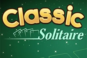 Κίτρινη και λευκή γραμματοσειρά με τη λέξη Classic Solitaire πάνω σε πράσινο φόντο με αστεράκια