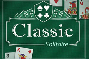 Πράσινο φόντο με τη λέξη Classic Solitaire και κάρτες παιχνιδιού γύρω από το κείμενο