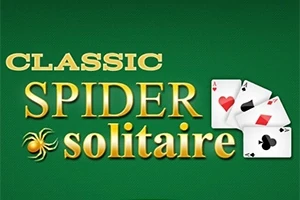 Κείμενο με τη λέξη CLASSIC SPIDER solitaire σε πράσινο φόντο με εικόνες τράπουλας και αράχνης