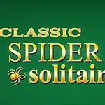 Κείμενο με τη λέξη CLASSIC SPIDER solitaire σε πράσινο φόντο με εικόνες τράπουλας και αράχνης