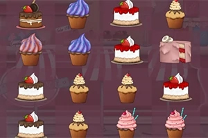 Coco in Cakeland Διάφορα γλυκά όπως cupcakes και κέικ σε πολύχρωμες επενδύσεις, τοποθετημένα σε σειρές