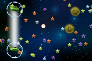 Διάστημα με πολύχρωμα αστέρια, δύο πράσινες φιγούρες μέσα σε κύκλους και ένας αστεροειδής
