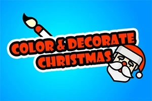 Κείμενο Color & Decorate Christmas με εικόνα Άγιου Βασίλη και πινέλου σε μπλε φόντο