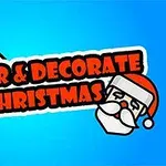 Κείμενο Color & Decorate Christmas με εικόνα Άγιου Βασίλη και πινέλου σε μπλε φόντο