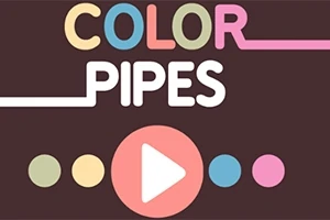 Λογότυπο με τη φράση COLOR PIPES σε διάφορα χρώματα και ένα μεγάλο λευκό κουμπί παύσης σε φόντο σκούρου καφέ