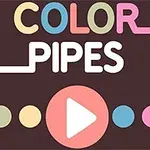 Λογότυπο με τη φράση COLOR PIPES σε διάφορα χρώματα και ένα μεγάλο λευκό κουμπί παύσης σε φόντο σκούρου καφέ