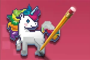 Ένα pixel art μονόκερος με πολύχρωμη χαίτη και ουρά, με ένα κίτρινο μολύβι να ακουμπάει πάνω του, σε ροζ φόντο