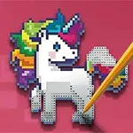 Ένα pixel art μονόκερος με πολύχρωμη χαίτη και ουρά, με ένα κίτρινο μολύβι να ακουμπάει πάνω του, σε ροζ φόντο