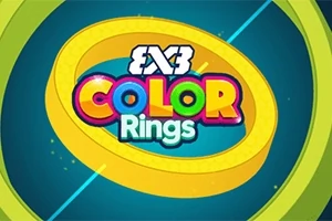 Κυκλικός πολύχρωμος τίτλος COLOR Rings με πράσινους και κίτρινους δακτυλίους σε φόντο μπλε
