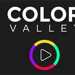 Λογότυπο με τη φράση COLOR VALLEY και έναν πολύχρωμο κύκλο με σύμβολο αναπαραγωγής στο κέντρο, σε μαύρο φόντο