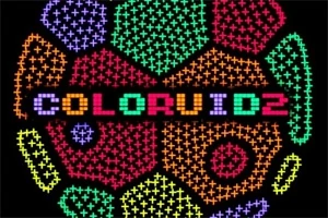 Π πολύχρωμο μοτίβο με την λέξη COLORUID 2 στο κέντρο, περιτριγυρισμένη από συμμετρικά γεωμετρικά σχήματα με σταυροειδές σχέδιο