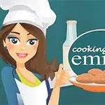 Γυναίκα με καπέλο σεφ, δείχνει μια πιατέλα με φαγητό μπροστά από αντικείμενα κουζίνας και κείμενο cooking with emma