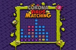 Ένα πλέγμα με πολύχρωμα τέρατα και τη λέξη Coronavirus Matching σε ένα μοβ φόντο με πράσινο γλοιώδες περίγραμμα