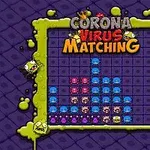 Ένα πλέγμα με πολύχρωμα τέρατα και τη λέξη Coronavirus Matching σε ένα μοβ φόντο με πράσινο γλοιώδες περίγραμμα