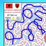 Χάρτης με λαβύρινθο, την Αλβανική σημαία και τον τίτλο REPUBLIKA E SHQIPËRISË επάνω αριστερά