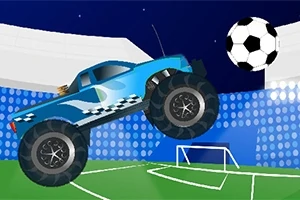 Ένα μπλε φορτηγάκι τύπου monster truck πηδάει στον αέρα μπροστά από μια μεγάλη μπάλα ποδοσφαίρου σε γήπεδο με προβολείς στο βάθος