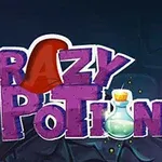 Γράμματα με την επιγραφή CRAZY POTION και μία μικρή εικόνα φίλτρου στο γράμμα O, με σκούρο μπλε φόντο