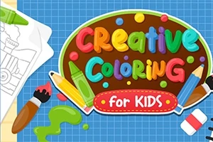 Πολύχρωμος τίτλος Creative Coloring for Kids με εργαλεία ζωγραφικής και παλέτα σε μπλε φόντο