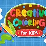 Πολύχρωμος τίτλος Creative Coloring for Kids με εργαλεία ζωγραφικής και παλέτα σε μπλε φόντο