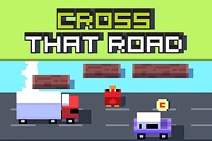 Ένα pixel art τοπίο με έναν κόκκινο χαρακτήρα που διασχίζει έναν δρόμο, με οχήματα και νερό στο φόντο