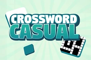 Ο τίτλος Crossword Casual σε πράσινο φόντο με εικόνες από χρωματιστά τετράγωνα και ένα σταυρόλεξο