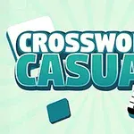 Ο τίτλος Crossword Casual σε πράσινο φόντο με εικόνες από χρωματιστά τετράγωνα και ένα σταυρόλεξο