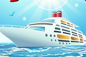 Κρουαζιερόπλοιο με κόκκινες καμινάδες σε ένα ηλιόλουστο ουρανό, με γλάρους και θάλασσα