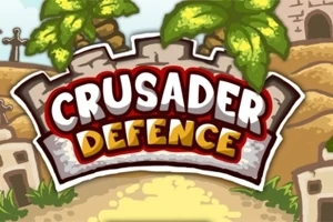Μια επιγραφή που γράφει CRUSADER DEFENCE με φόντο ένα κάστρο και φοίνικες