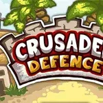 Μια επιγραφή που γράφει CRUSADER DEFENCE με φόντο ένα κάστρο και φοίνικες