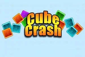 Κείμενο Cube Crash με πολύχρωμα κύβους στο φόντο σε γαλάζιο φόντο