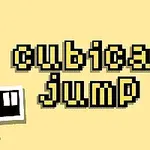 Οθόνη με την επιγραφή cubical jump σε κίτρινο φόντο, με απεικόνιση δύο μαύρων και λευκών τετραγώνων