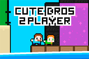 Δύο χαρακτήρες σε pixel art στυλ στέκονται σε πλατφόρμα δίπλα σε λαμπερή μοβ επιφάνεια με τη φράση CUTE BROS 2 PLAYER από πάνω