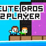 Δύο χαρακτήρες σε pixel art στυλ στέκονται σε πλατφόρμα δίπλα σε λαμπερή μοβ επιφάνεια με τη φράση CUTE BROS 2 PLAYER από πάνω