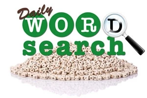 Σωρός από κύβους με γράμματα και λέξεις Daily Word Search με μεγεθυντικό φακό