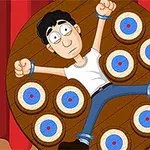 Dart Wheel Κινούμενος άνδρας δεμένος σε περιστρεφόμενο ξύλινο τροχό με στόχους γύρω του