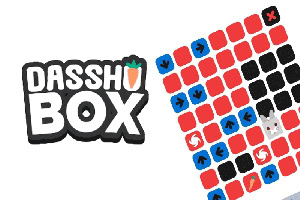Η εικόνα περιλαμβάνει το λογότυπο DASSH BOX και μια πλέξη από πολύχρωμα τετράγωνα με βέλη και σύμβολα, μαζί με μια εικονική γάτα