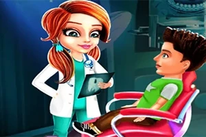 Μια καρτούν οδοντίατρος με πορτοκαλί μαλλιά και λευκή ποδιά κρατάει ένα ακτινολογικό έγγραφο δίπλα σε ένα παιδί που κάθεται σε κόκκινη καρέκλα οδοντιατρικής