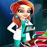 Μια καρτούν οδοντίατρος με πορτοκαλί μαλλιά και λευκή ποδιά κρατάει ένα ακτινολογικό έγγραφο δίπλα σε ένα παιδί που κάθεται σε κόκκινη καρέκλα οδοντιατρικής