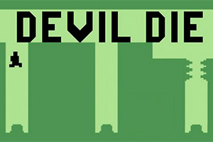Πράσινη εικόνα pixel art με μεγάλες μαύρες λέξεις «DEVIL DIE» και μικρή μαύρη φιγούρα σε φόντο με κάθετες στήλες και σκιές