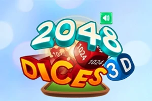 Χρωματιστά γραφικά με τίτλο 2048 Dices 3D και ζάρια με αριθμούς, σε γαλάζιο φόντο