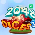Χρωματιστά γραφικά με τίτλο 2048 Dices 3D και ζάρια με αριθμούς, σε γαλάζιο φόντο